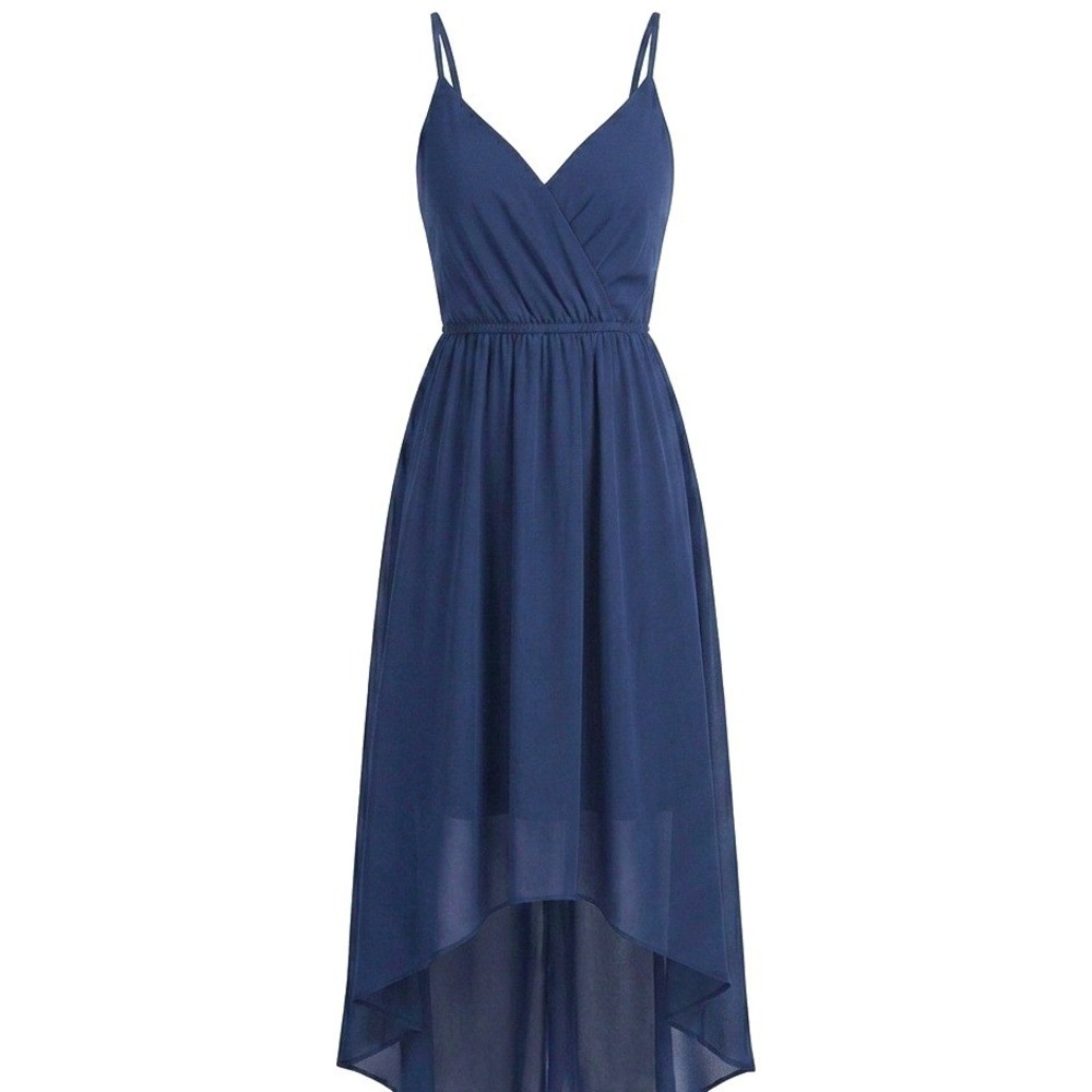 David's Bridal F12284 Navy Blue Bridesmaid Dress High Low Chiffon Size 10 Formal